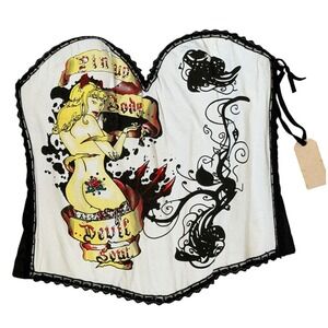 Tattoo Pin Up Devil Girl Corset Bustier Gothic Rockabilly XL Leather Feather NWT